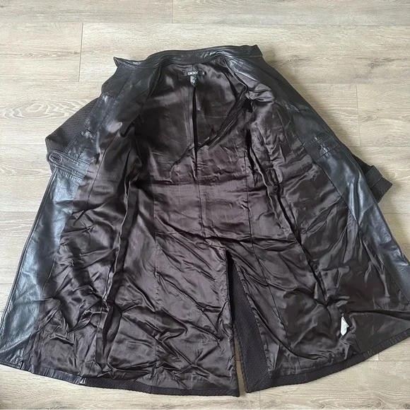 DKNY Italian Lamb Leather 100% Wool Midi Coat Brown Sz 6